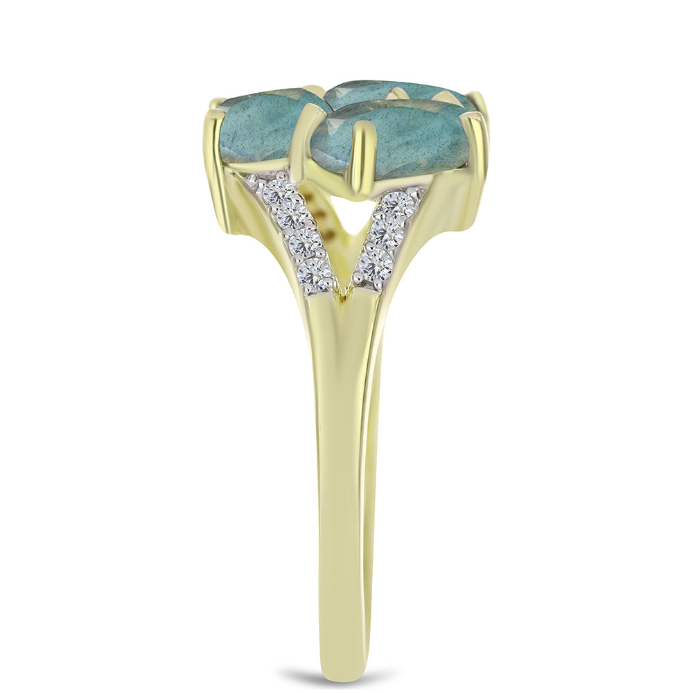 Anillo de Plata Bañada en Oro con Labradorita y Topacio Blanco