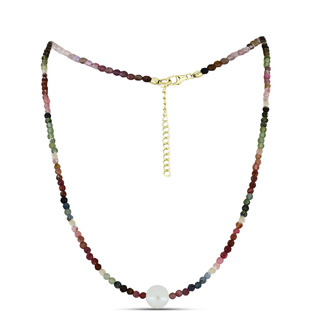 Collar de Plata Bañada en Oro con Chakra Turmalina y Perla de Agua Dulce