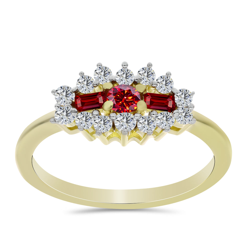 Anillo de Plata Bañada en Oro con Majestuosa moisanita roja y Topacio Blanco