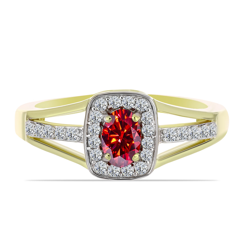 Anillo de Plata Bañada en Oro con Majestuosa moisanita roja y Topacio Blanco