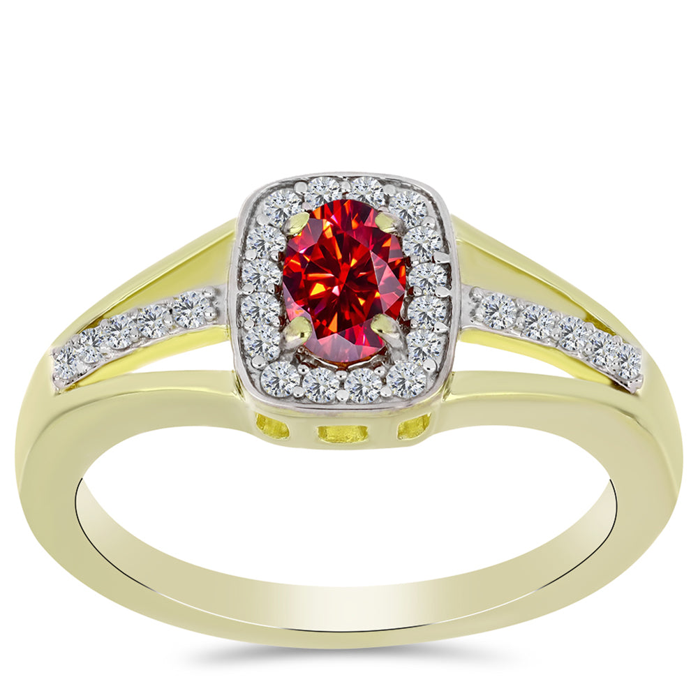 Anillo de Plata Bañada en Oro con Majestuosa moisanita roja y Topacio Blanco