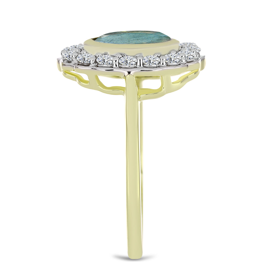 Anillo de Plata Bañada en Oro con Labradorita y Topacio Blanco