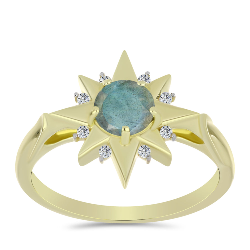 Anillo de Plata Bañada en Oro con Labradorita y Topacio Blanco