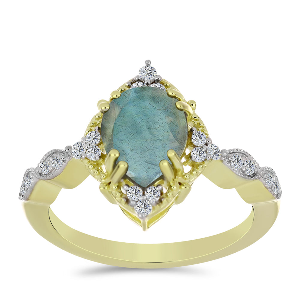 Anillo de Plata Bañada en Oro con Labradorita y Topacio Blanco