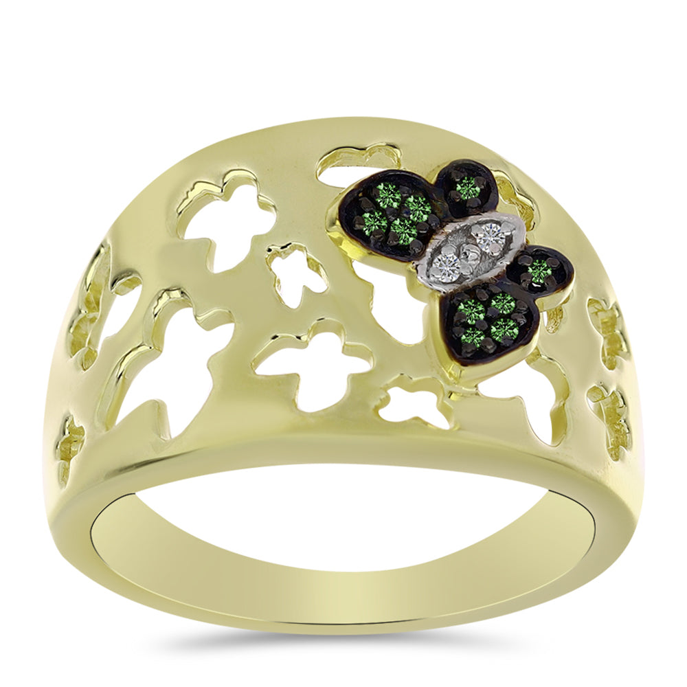 Anillo de Plata Bañada en Oro con Diamante Verde y Diamante blanco