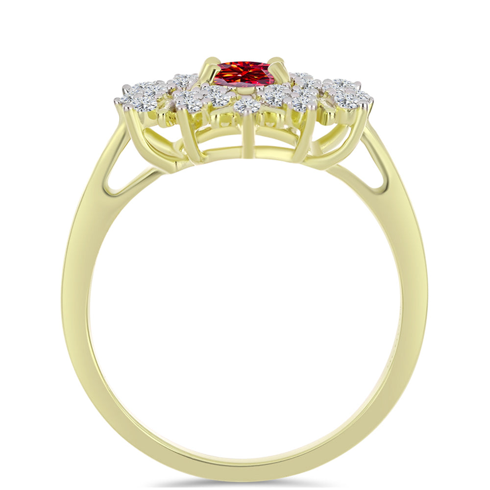 Anillo de Plata Bañada en Oro con Majestuosa moisanita roja y Topacio Blanco