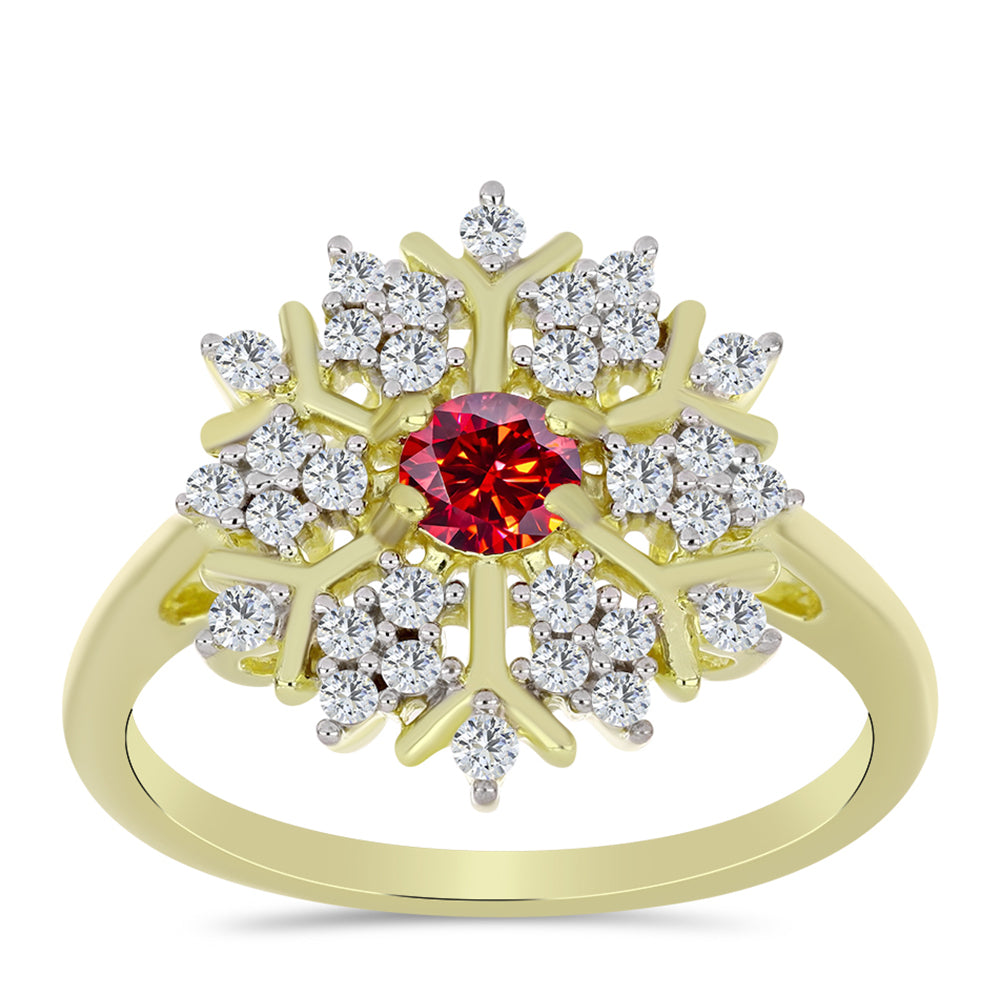 Anillo de Plata Bañada en Oro con Majestuosa moisanita roja y Topacio Blanco