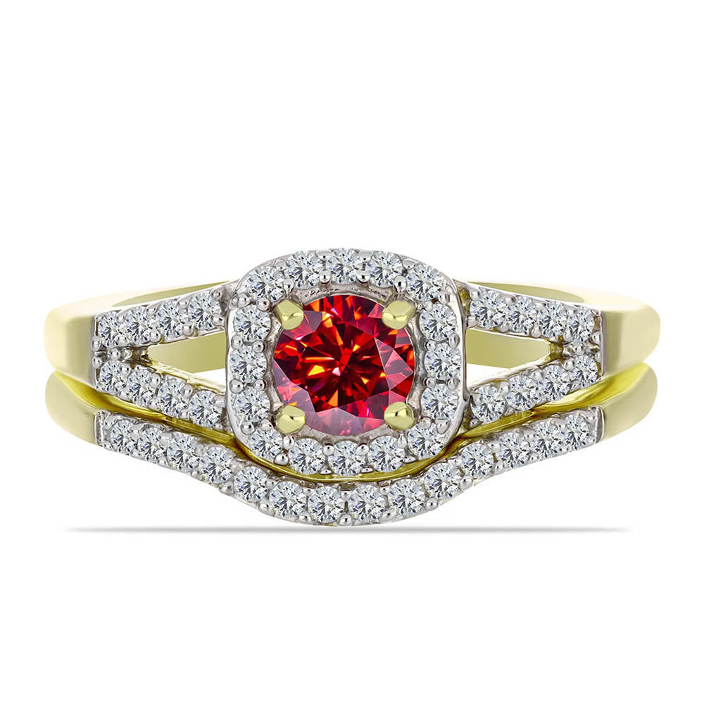 Anillo de Plata Bañada en Oro con Majestuosa moisanita roja y Topacio Blanco