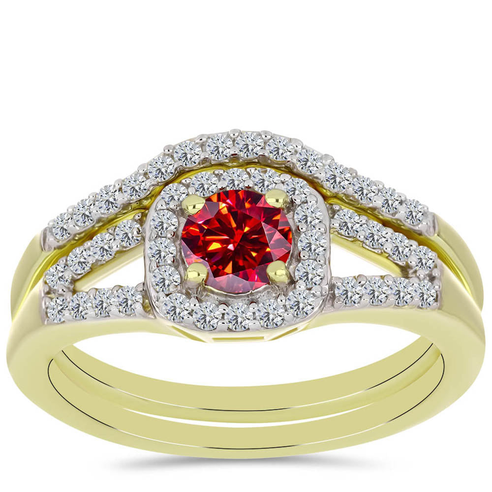 Anillo de Plata Bañada en Oro con Majestuosa moisanita roja y Topacio Blanco