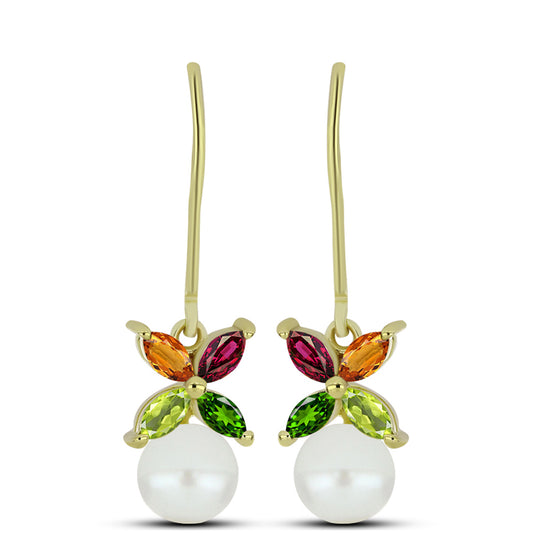 Pendientes de Plata Bañada en Oro con Chakra Turmalina y Perla de Agua Dulce