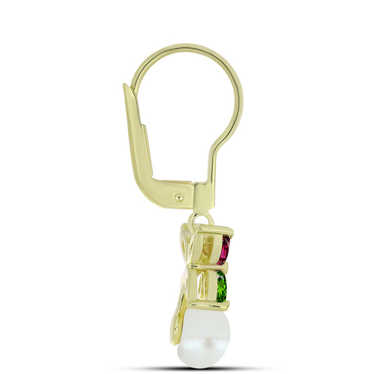 Pendientes de Plata Bañada en Oro con Chakra Turmalina y Perla de Agua Dulce