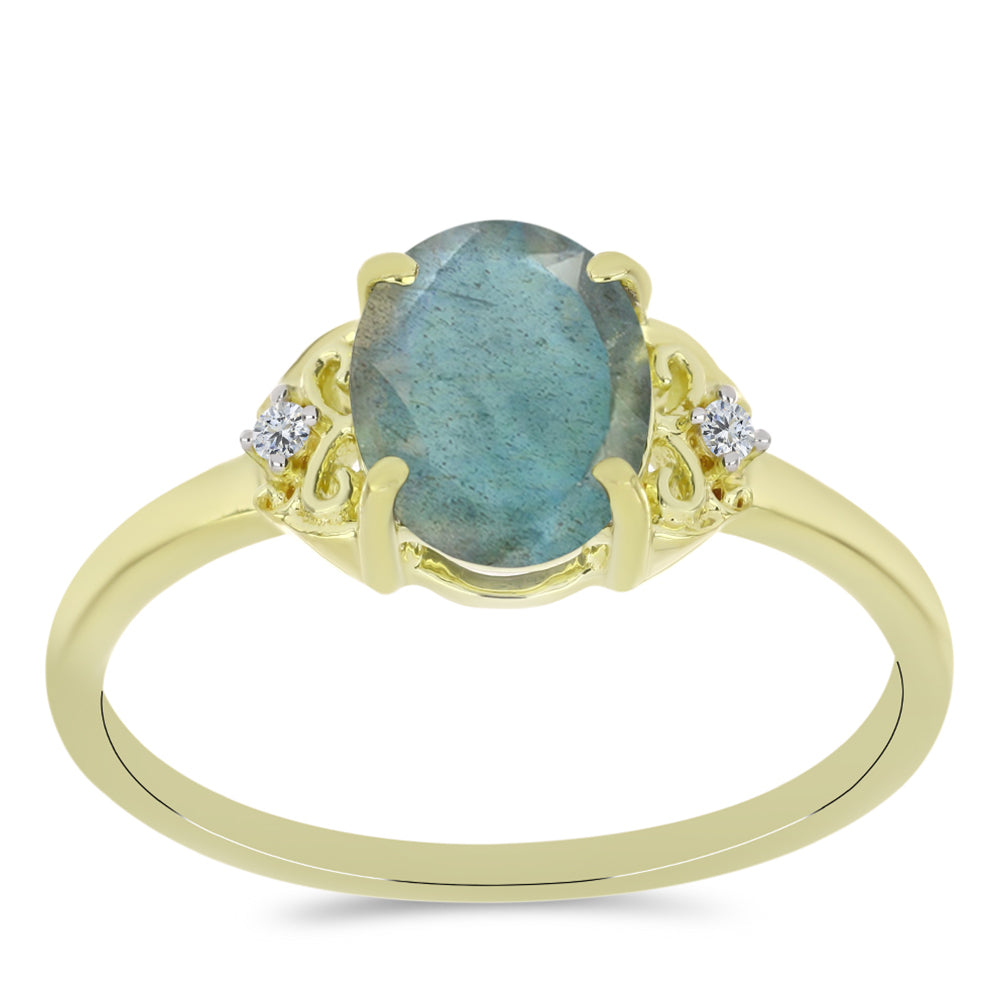 Anillo de Plata Bañada en Oro con Labradorita y Topacio Blanco
