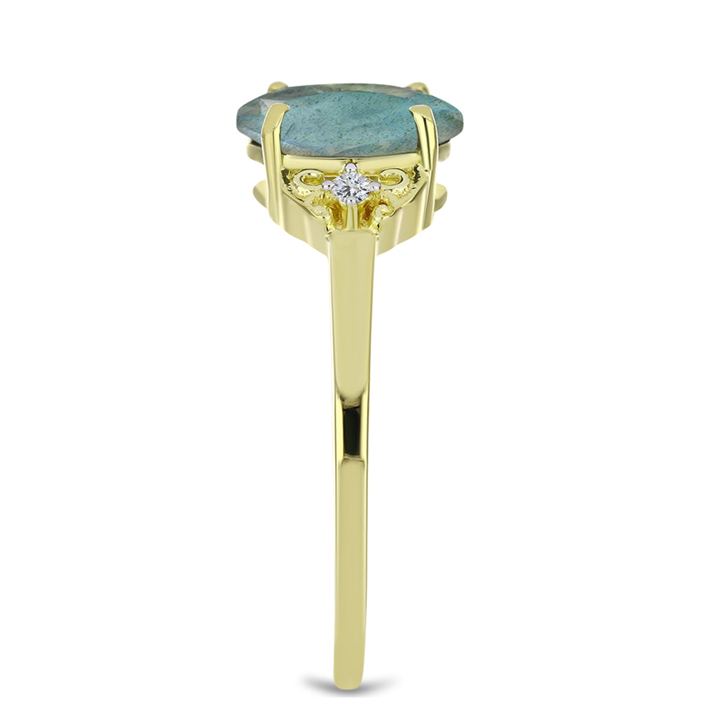 Anillo de Plata Bañada en Oro con Labradorita y Topacio Blanco