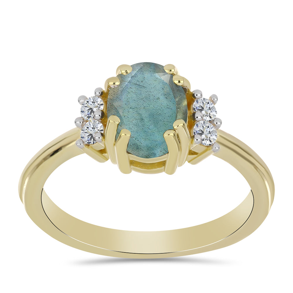 Anillo de Plata Bañada en Oro con Labradorita y Topacio Blanco