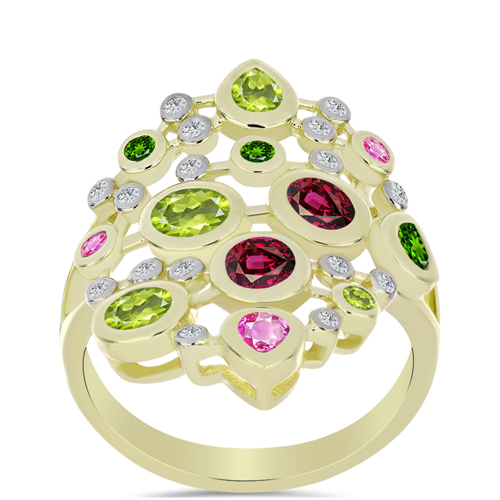 Anillo de Plata Bañada en Oro con Chakra Turmalina y Topacio Blanco