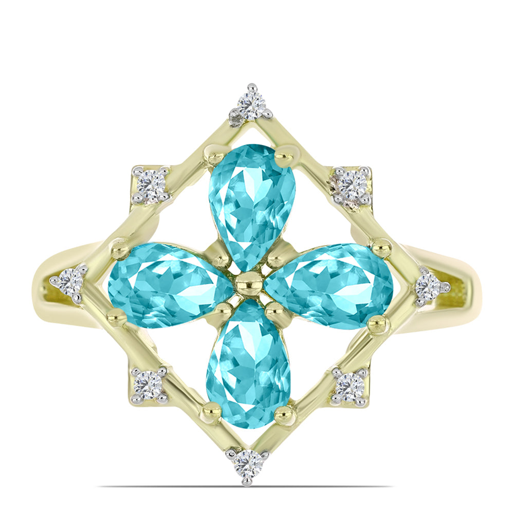 Anillo de Plata Bañada en Oro con Cuarzo Paraiba y Topacio Blanco