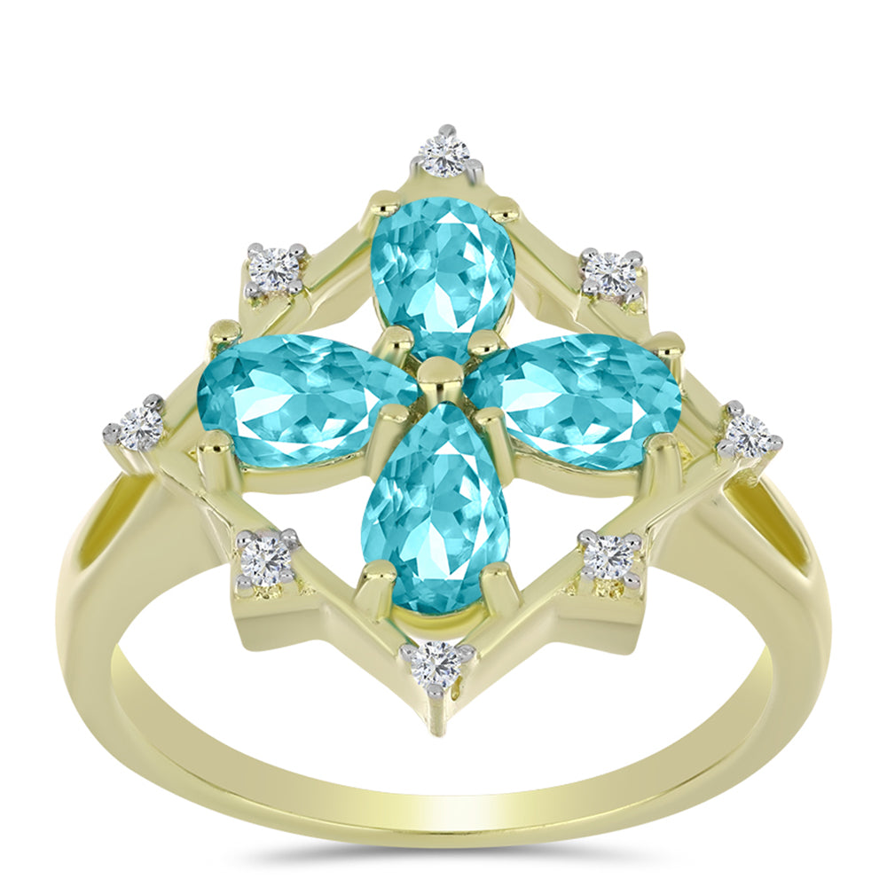 Anillo de Plata Bañada en Oro con Cuarzo Paraiba y Topacio Blanco