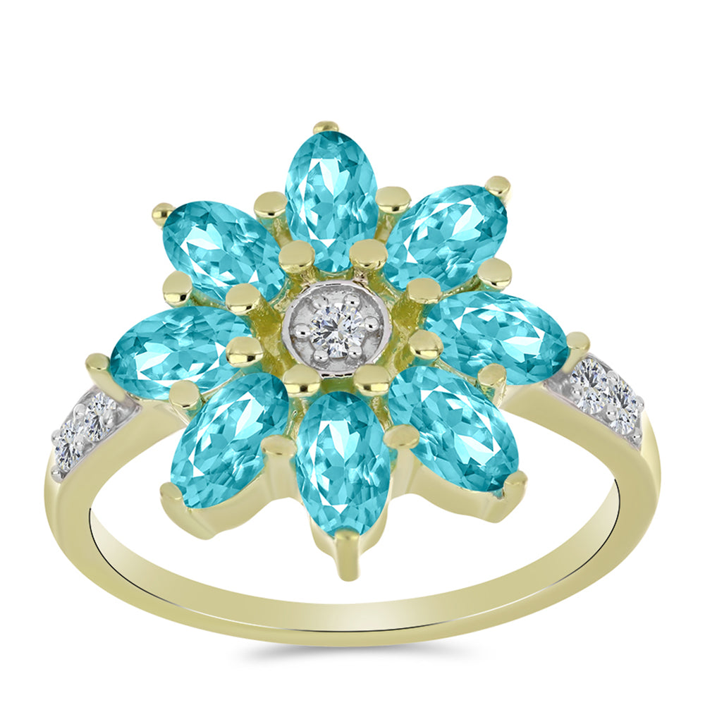Anillo de Plata Bañada en Oro con Cuarzo Paraiba y Topacio Blanco