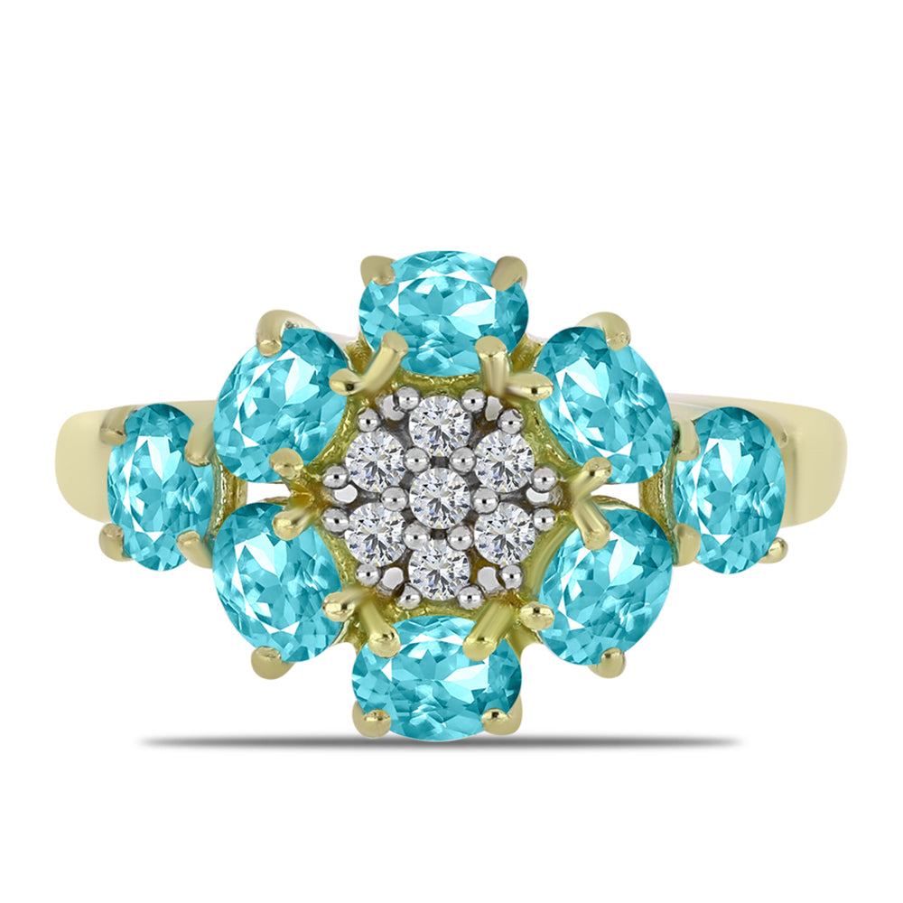 Anillo de Plata Bañada en Oro con Cuarzo Paraiba y Topacio Blanco