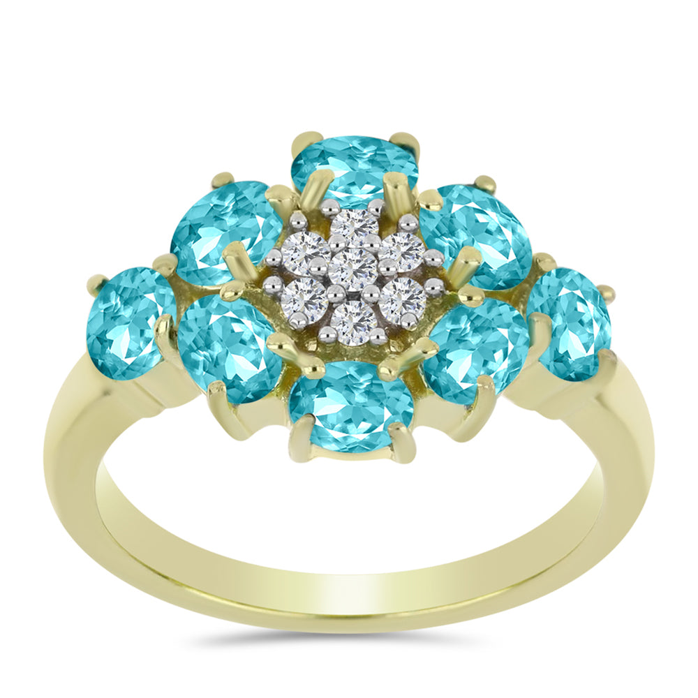 Anillo de Plata Bañada en Oro con Cuarzo Paraiba y Topacio Blanco