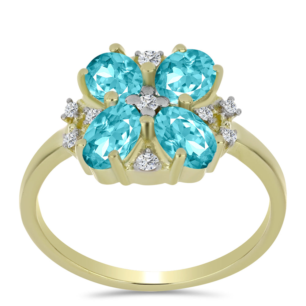 Anillo de Plata Bañada en Oro con Cuarzo Paraiba y Topacio Blanco