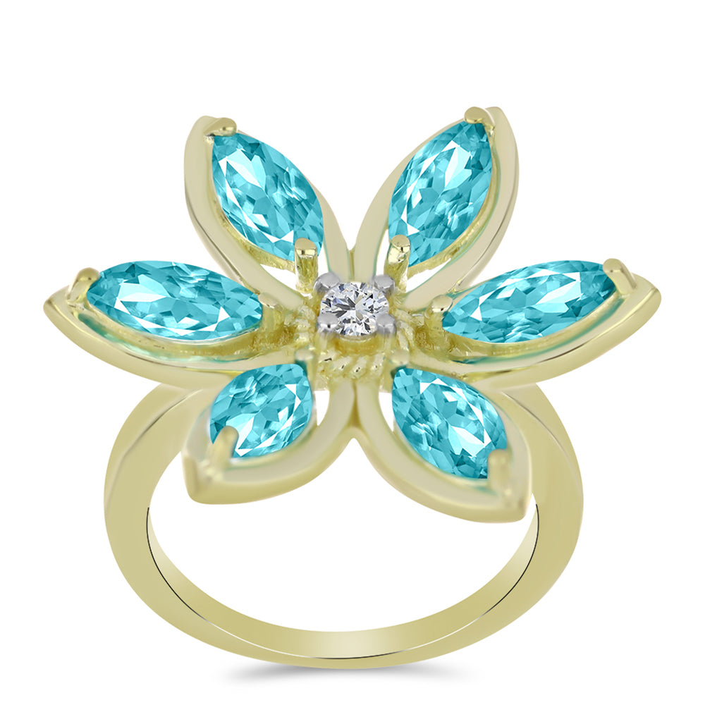 Anillo de Plata Bañada en Oro con Cuarzo Paraiba y Topacio Blanco