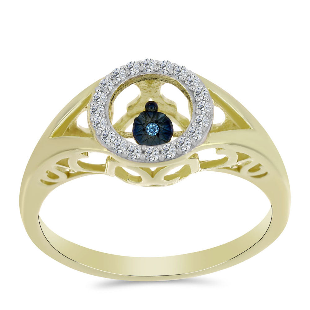 Anillo de Plata Bañada en Oro con Diamante azul danzante y Topacio Blanco