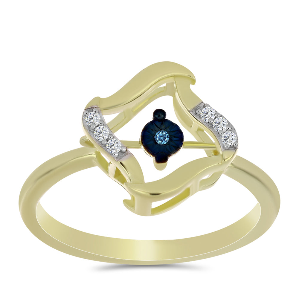 Anillo de Plata Bañada en Oro con Diamante azul danzante y Topacio Blanco