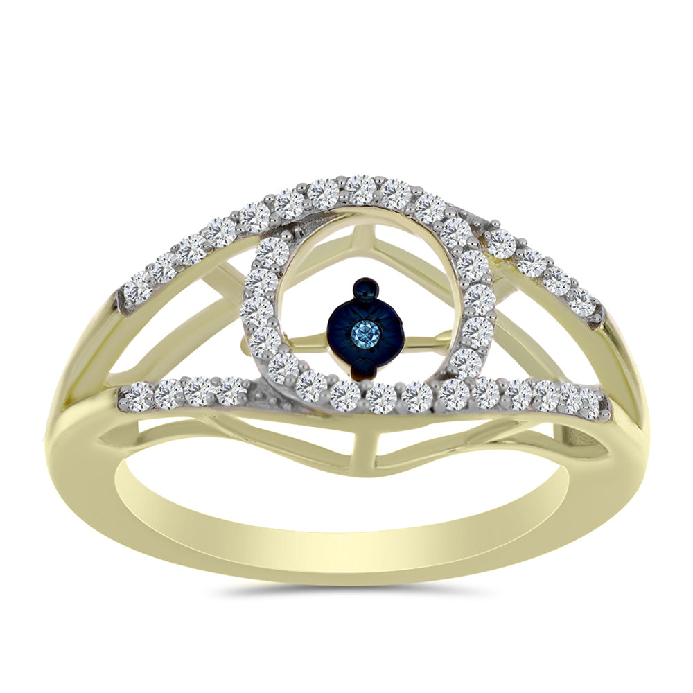 Anillo de Plata Bañada en Oro con Diamante azul danzante y Topacio Blanco