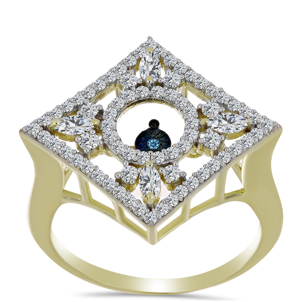 Anillo de Plata Bañada en Oro con Diamante azul danzante y Topacio Blanco