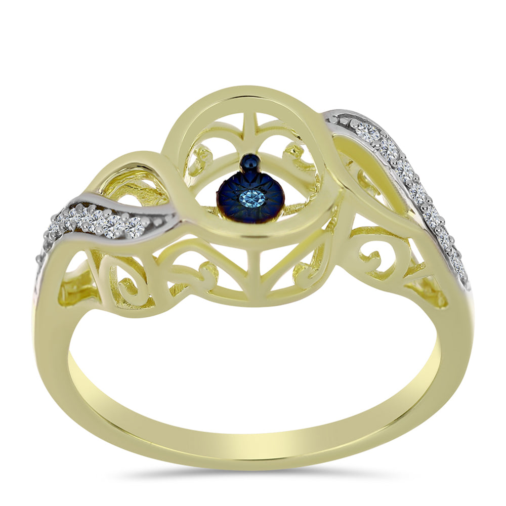 Anillo de Plata Bañada en Oro con Diamante azul danzante y Topacio Blanco