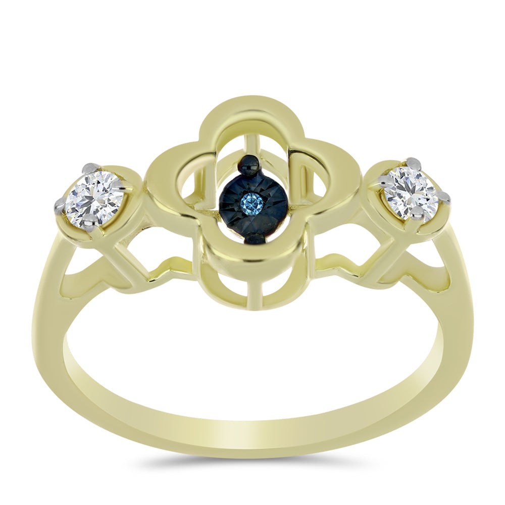 Anillo de Plata Bañada en Oro con Diamante azul danzante y Topacio Blanco