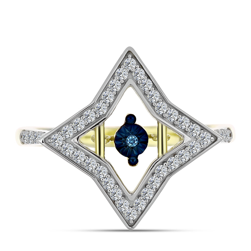 Anillo de Plata Bañada en Oro con Diamante azul danzante y Topacio Blanco