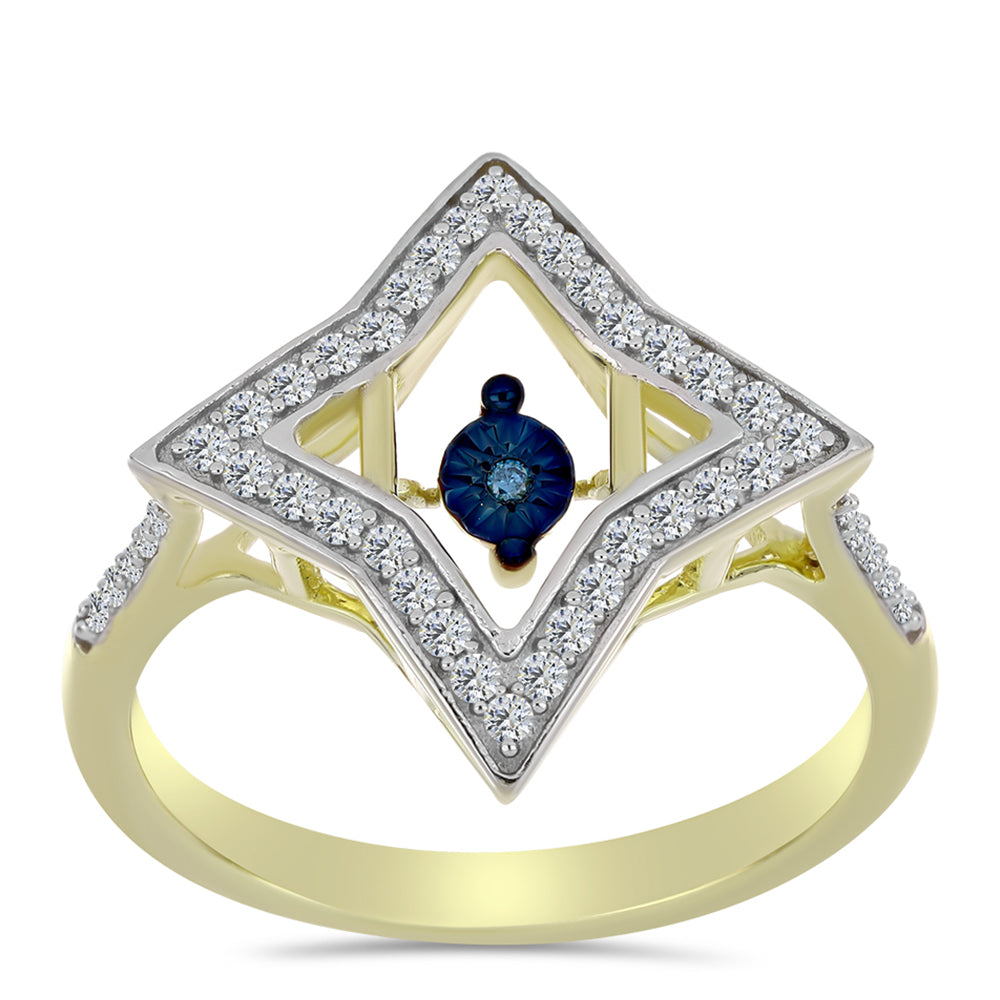 Anillo de Plata Bañada en Oro con Diamante azul danzante y Topacio Blanco