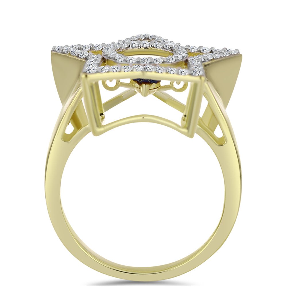 Anillo de Plata Bañada en Oro con Diamante azul danzante y Topacio Blanco