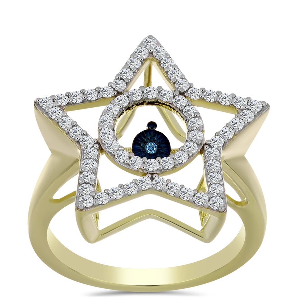 Anillo de Plata Bañada en Oro con Diamante azul danzante y Topacio Blanco