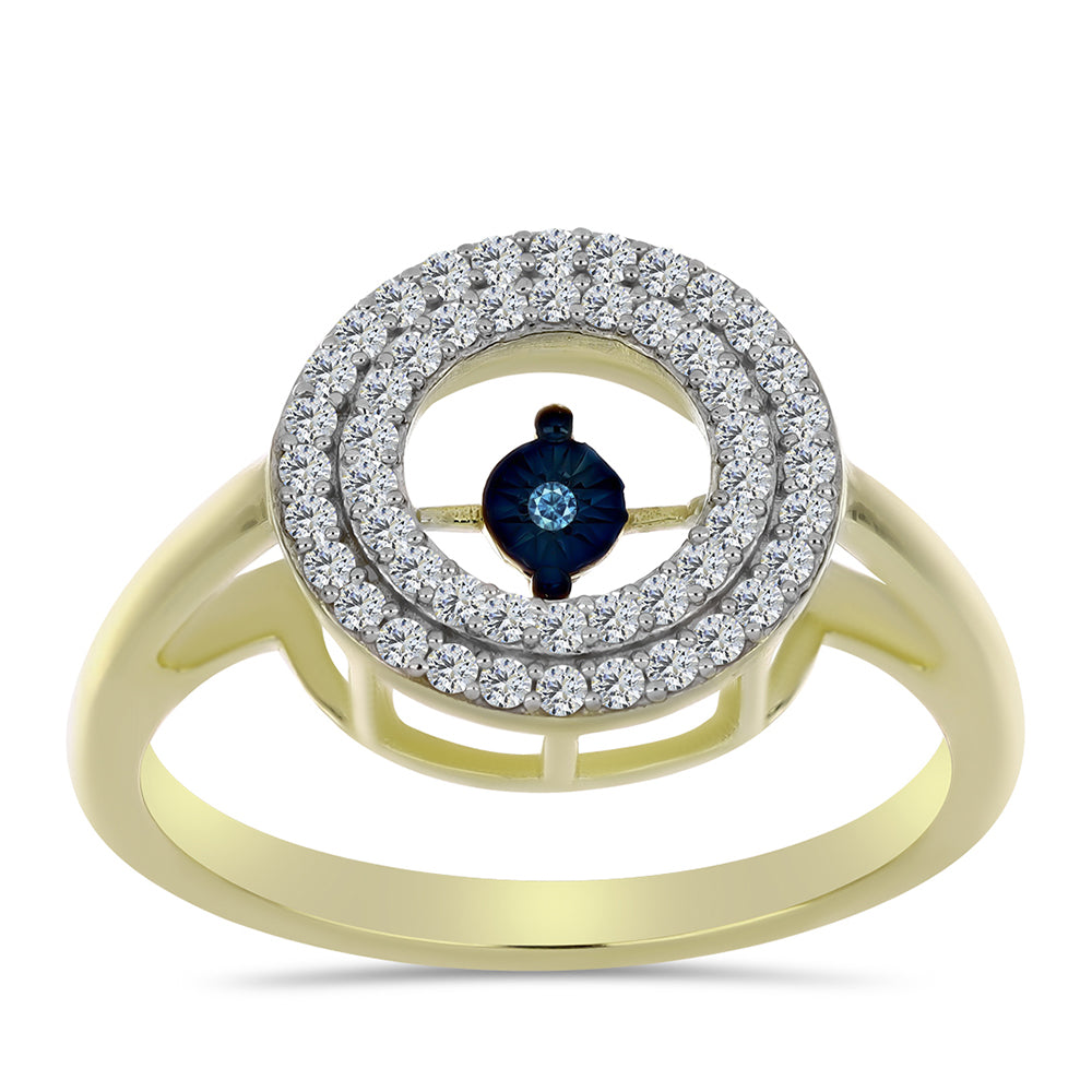 Anillo de Plata Bañada en Oro con Diamante azul danzante y Topacio Blanco