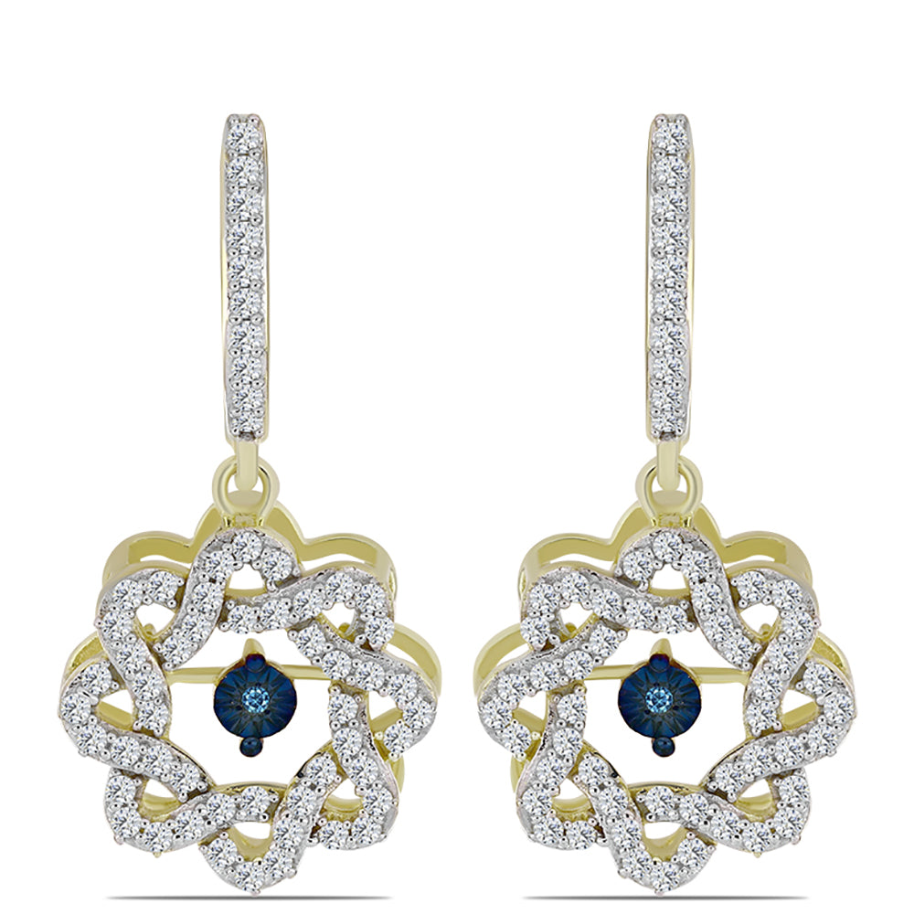 Pendientes de Plata Bañada en Oro con Diamante azul danzante y Topacio Blanco