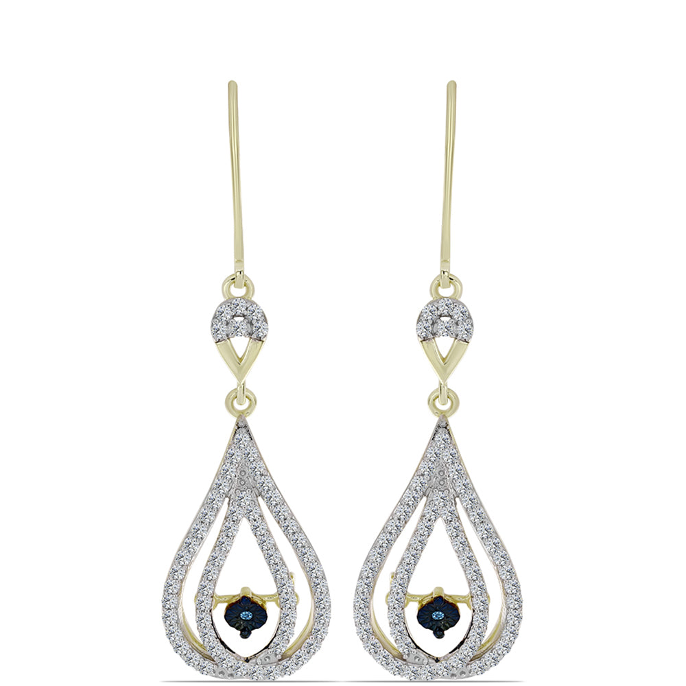 Pendientes de Plata Bañada en Oro con Diamante azul danzante y Topacio Blanco