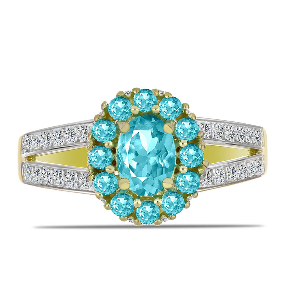 Anillo de Plata Bañada en Oro con Cuarzo Paraiba y Topacio Blanco