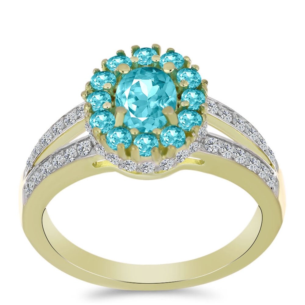 Anillo de Plata Bañada en Oro con Cuarzo Paraiba y Topacio Blanco
