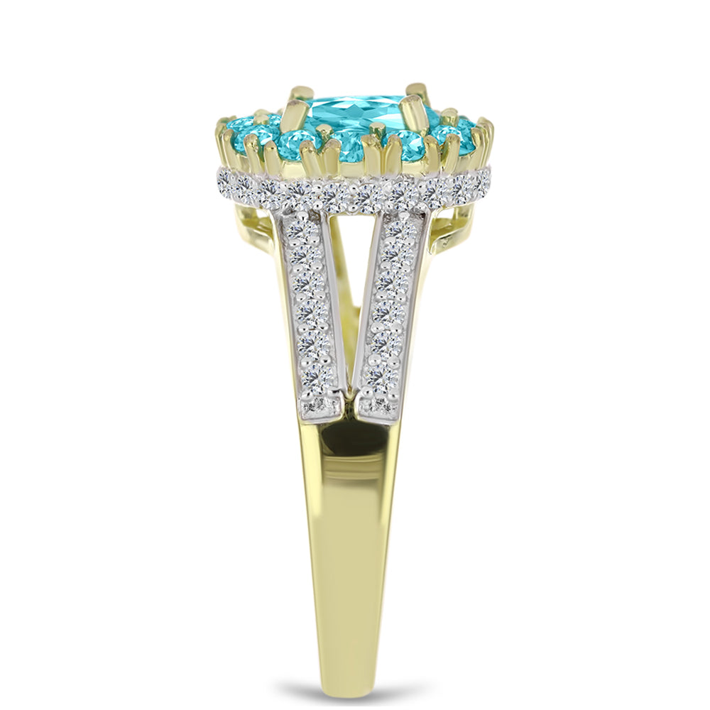 Anillo de Plata Bañada en Oro con Cuarzo Paraiba y Topacio Blanco