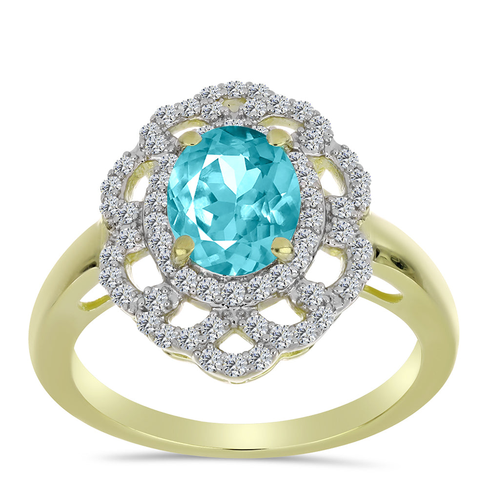 Anillo de Plata Bañada en Oro con Cuarzo Paraiba y Topacio Blanco