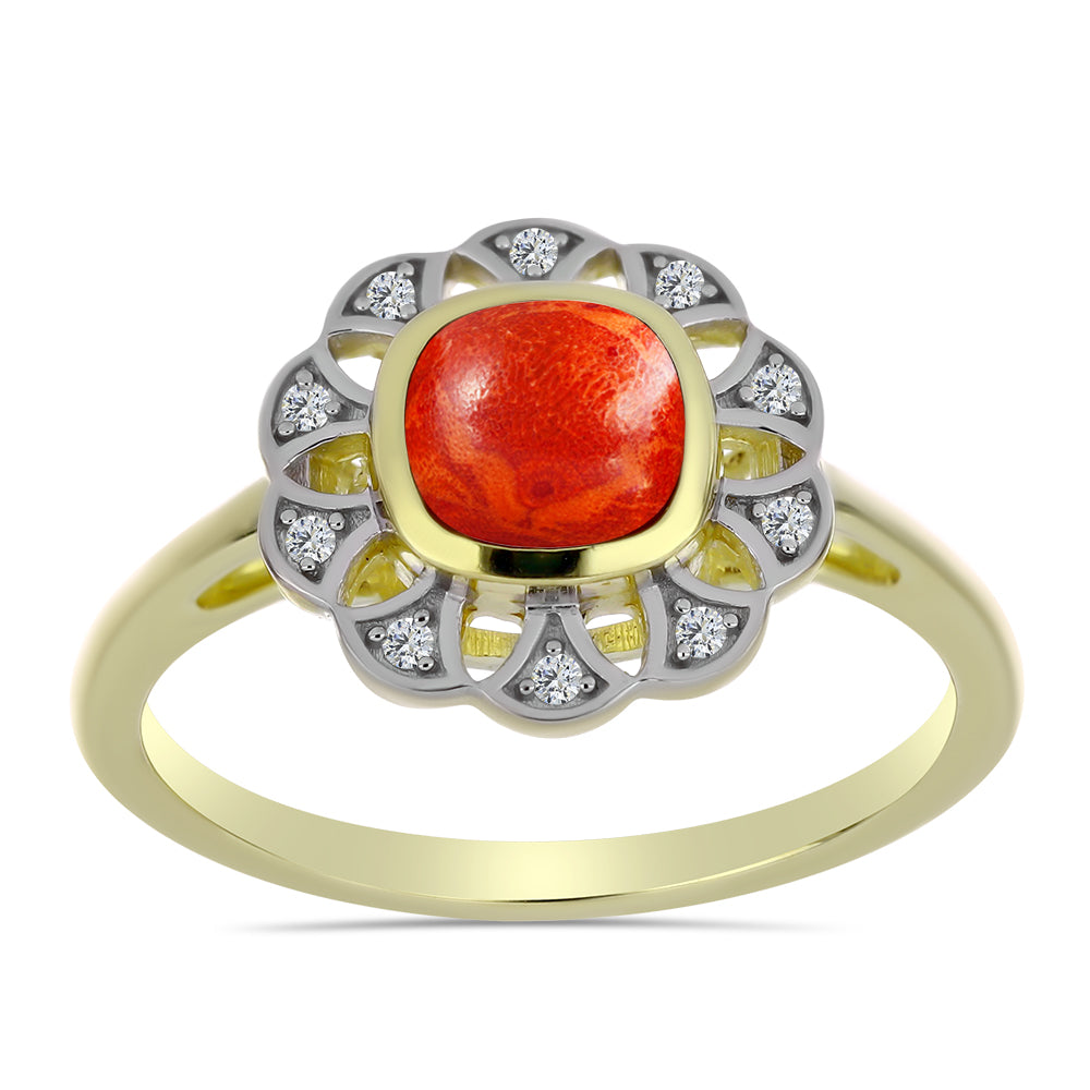 Anillo de Plata Bañada en Oro con Coral de Esponja Roja y Topacio Blanco