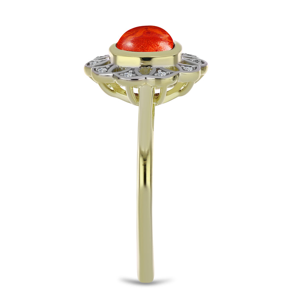 Anillo de Plata Bañada en Oro con Coral de Esponja Roja y Topacio Blanco