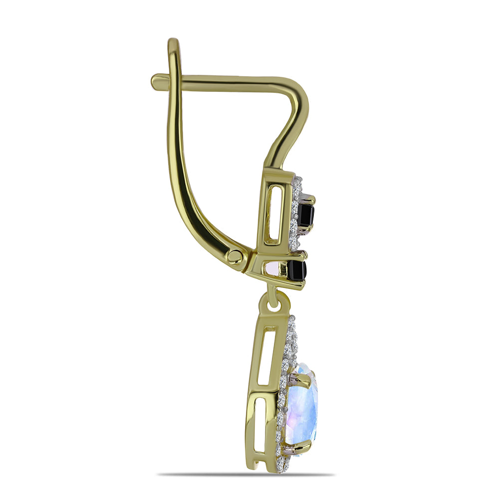 Pendientes de Plata Bañada en Oro con Piedra Lunar Arco Iris y Espinela Negra 2