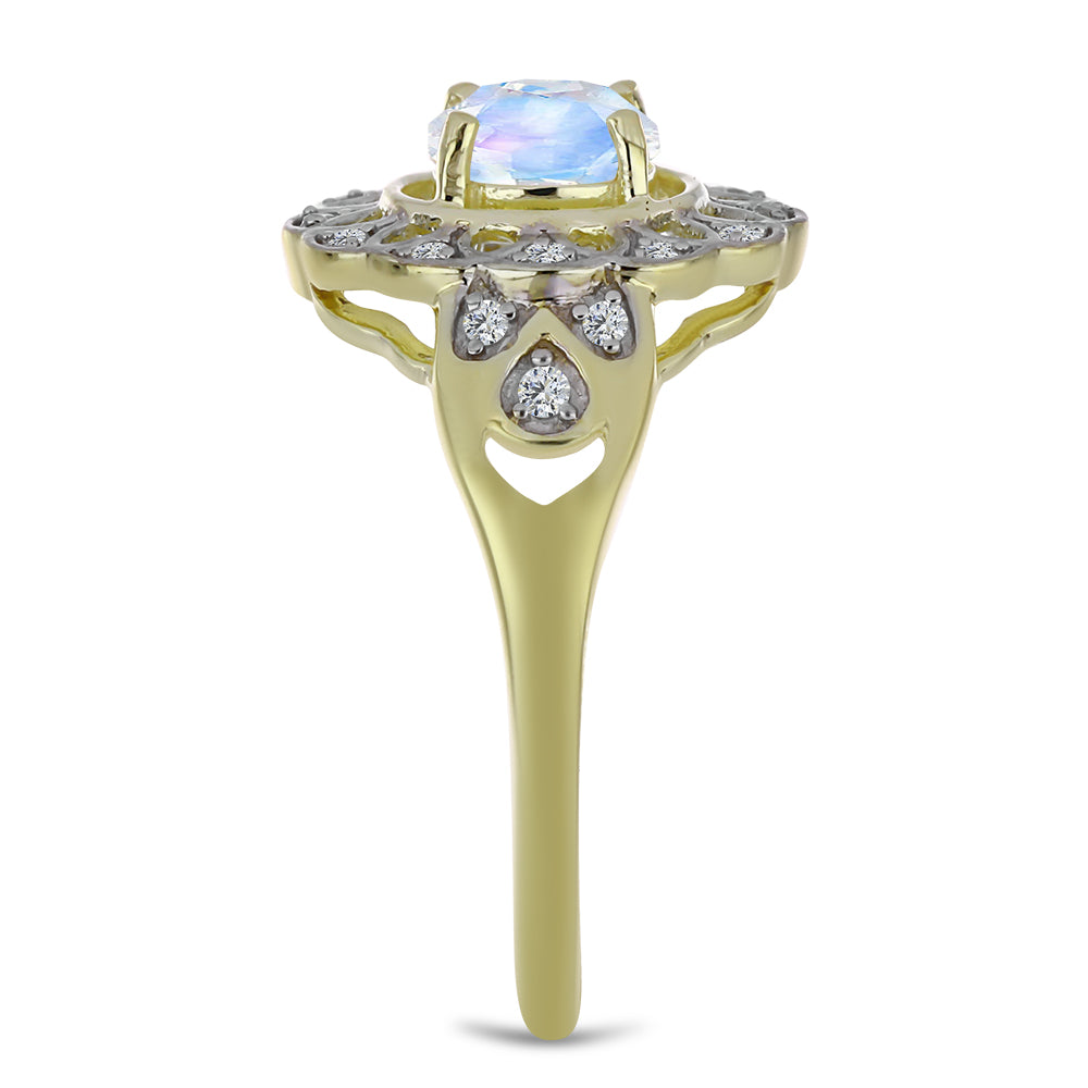 Anillo de Plata Bañada en Oro con Piedra Lunar Arco Iris y Topacio Blanco