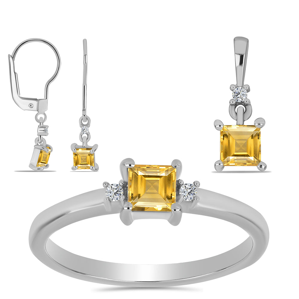 Conjunto de Plata con Citrino de los Montes Urales y Topacio Blanco ( Pendientes +Anillo +Colgante )