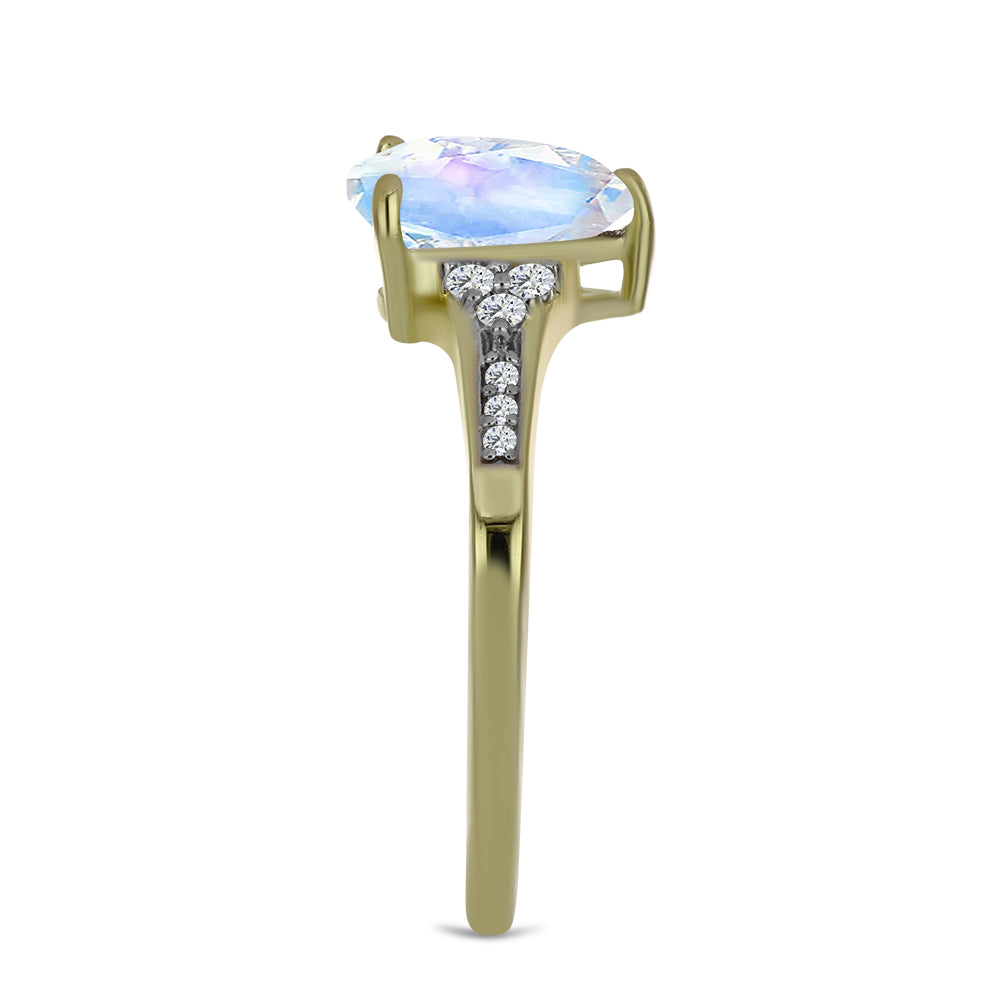 Anillo de Plata Bañada en Oro con Piedra Lunar Arco Iris y Topacio Blanco