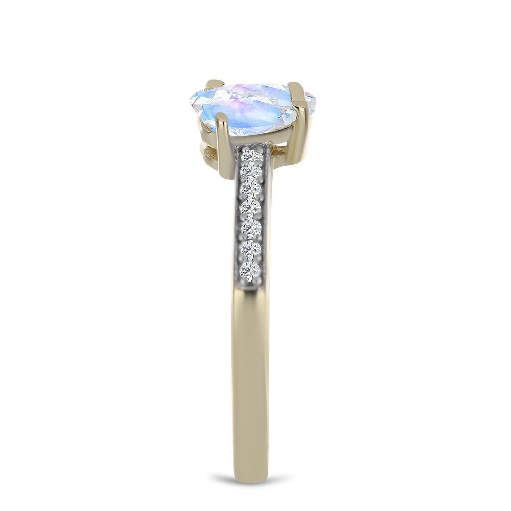 Anillo de Plata Bañada en Oro con Piedra Lunar Arco Iris y Topacio Blanco